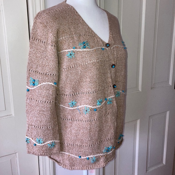 V Neck Brown Sweater w Turquoise Beads Yarn - Picture 4 of 9